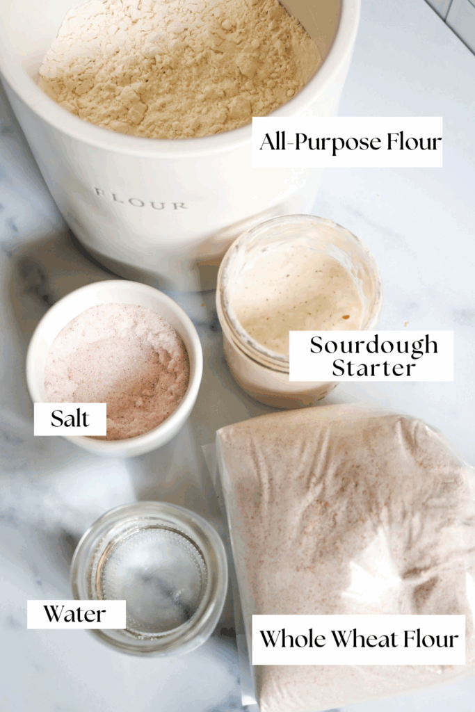 ingredients for focaccia bread with labels next to each ingredient