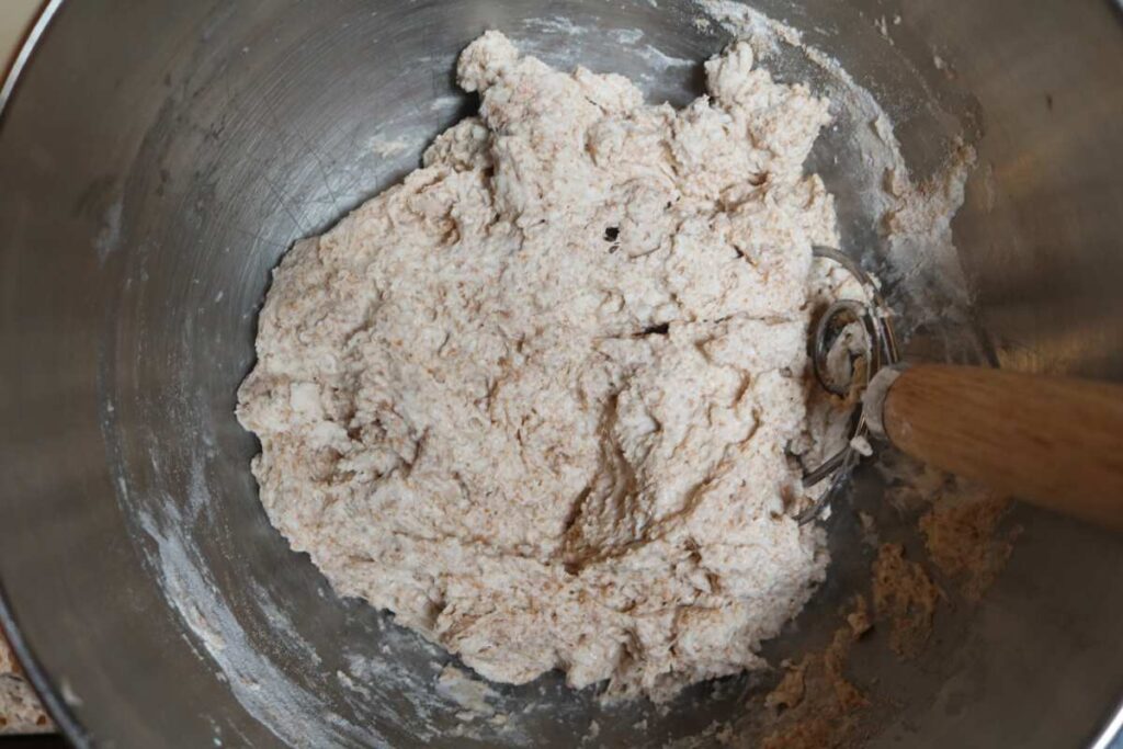 focaccia bread dough in mixing bowl